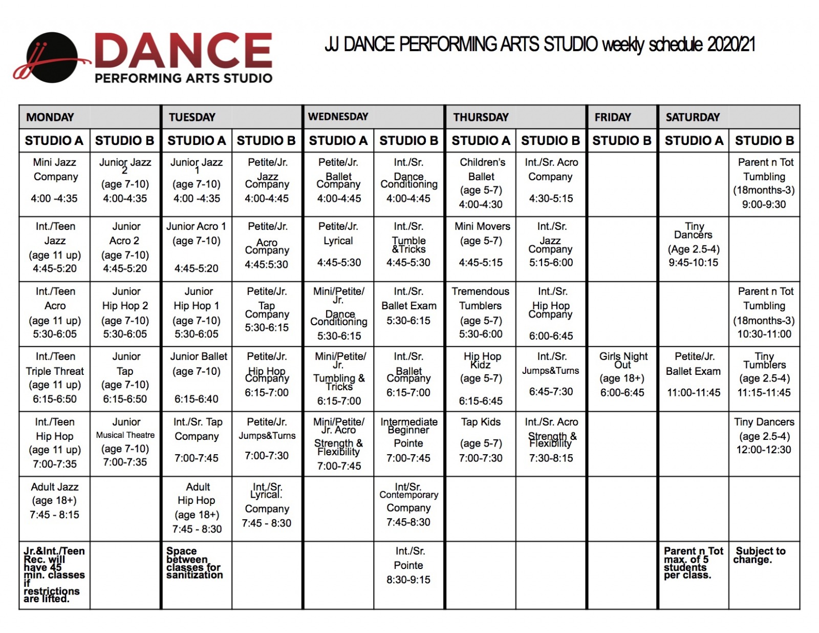 Dance Studio Schedule Template