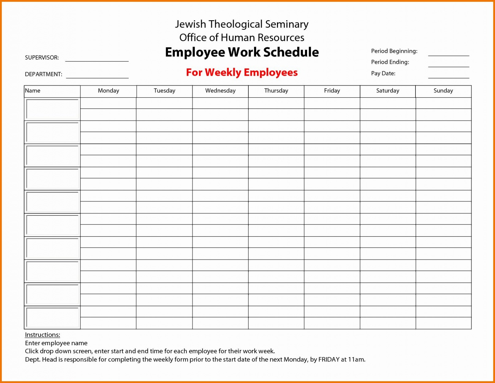 Daycare Employee Schedule Template