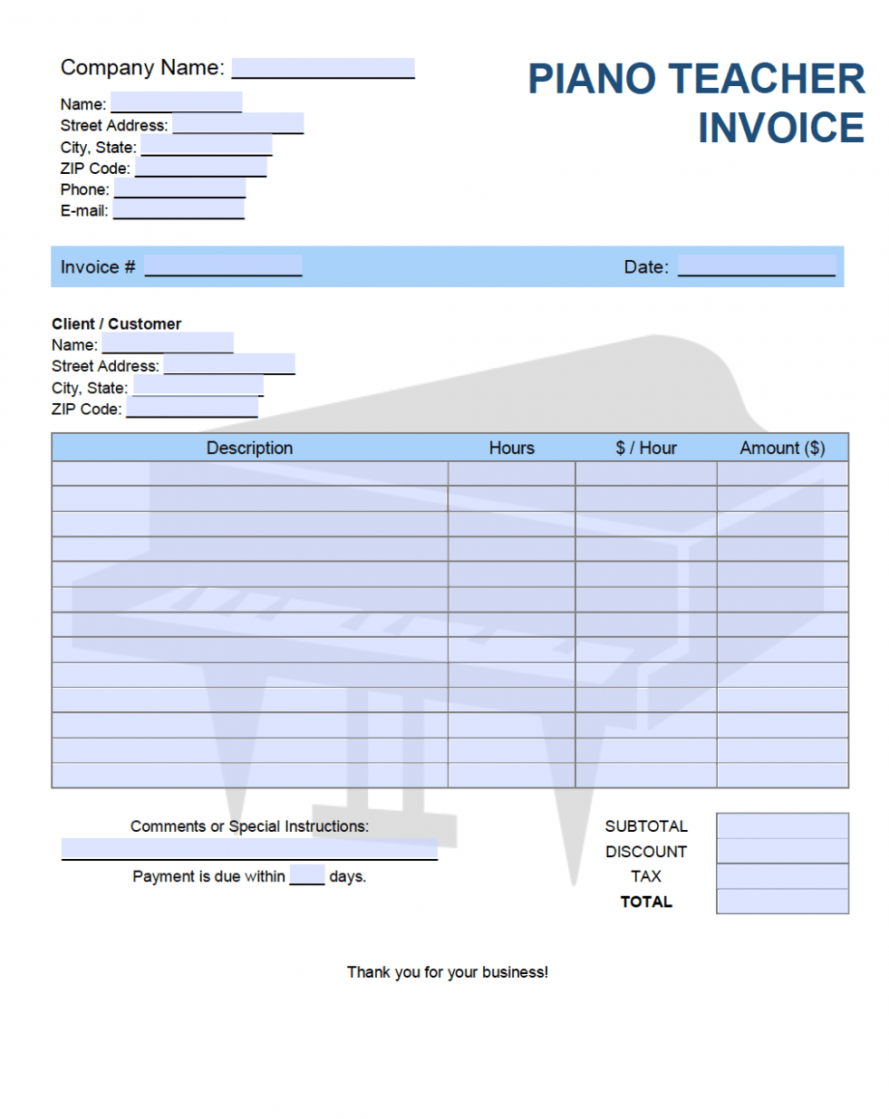 Piano Lesson Invoice Template