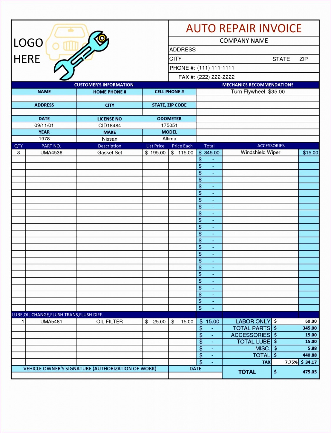 6 Auto Repair Order Template Excel  Excel Templates  Excel Templates Excel Example