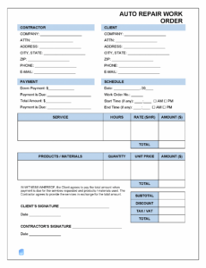 Auto Repair Work Order Template  Invoice Maker Excel Sample