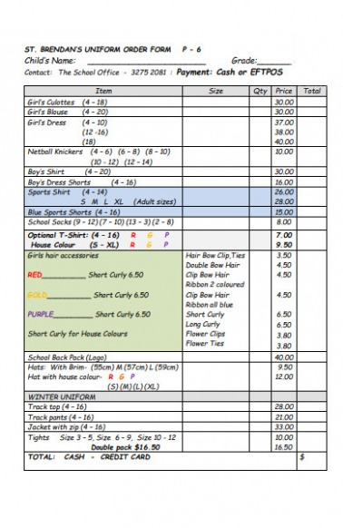 Blank Uniform Order Forms Printable