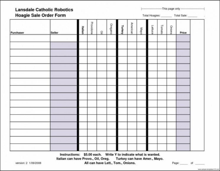 Custom Hoagie Fundraiser Order Form Template  Sample Templates Pertaining To Blank Fundraiser Order Doc