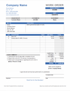 Custom Work Order Form Template For Excel  Example