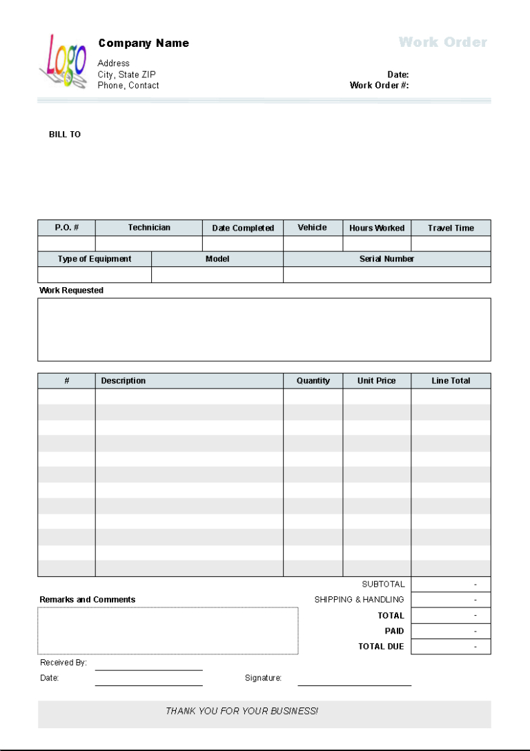 Custom Work Order Template  Invoice Manager For Excel Pdf