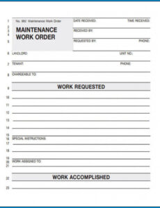 Downloadable Maintenance Work Order Template Pdf Sample