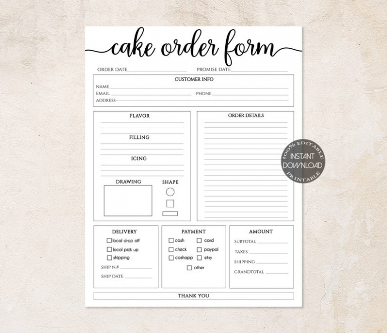 Editable Cake Order Form Editable Order Forms Template Printable  Etsy Excel