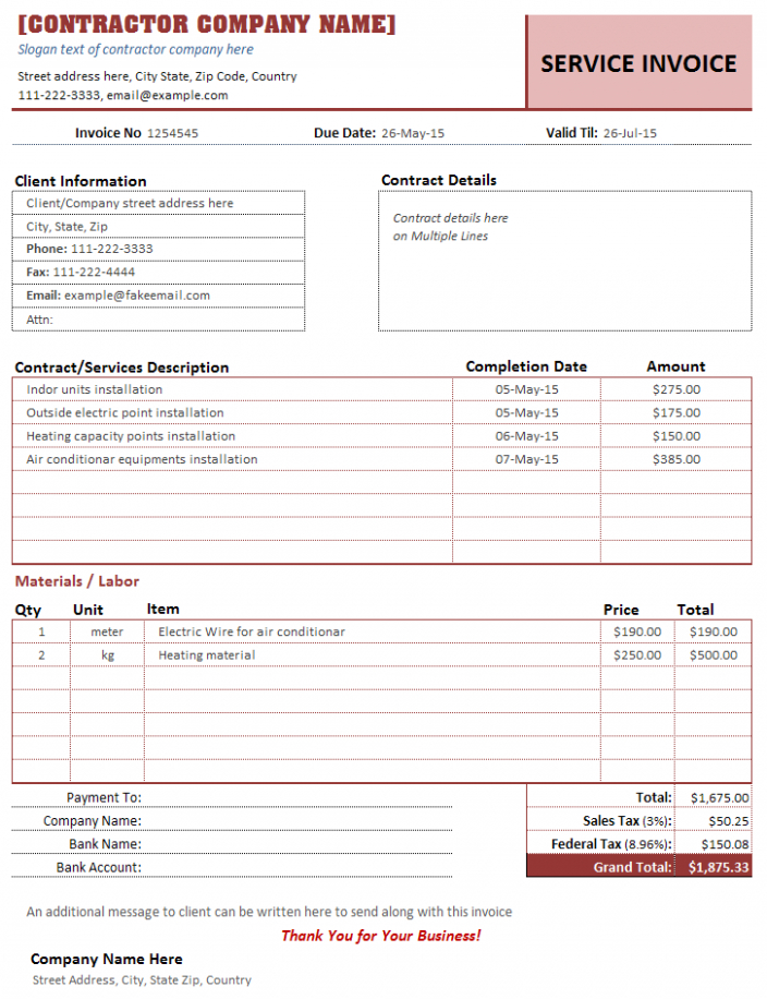 Editable Contractor Invoice Template  Independent Contractor Invoice  Bonsai  Example