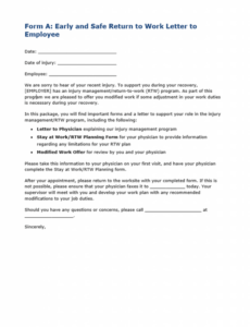 Editable Form A Early And Safe Return To Work Letter To Employee  Go2Hr Excel Sample