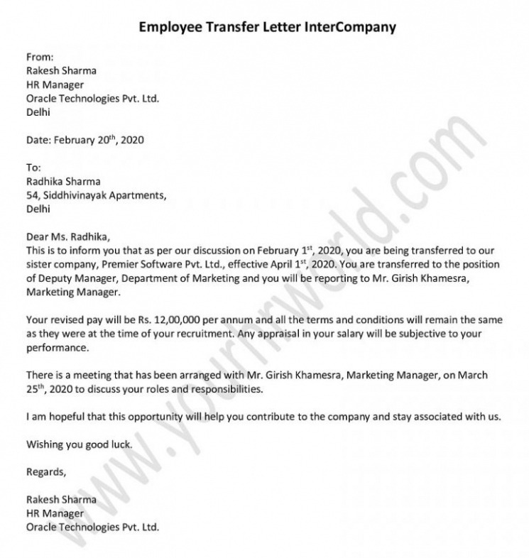 Editable Format For Employee Transfer Letter Intercompany Pdf Sample