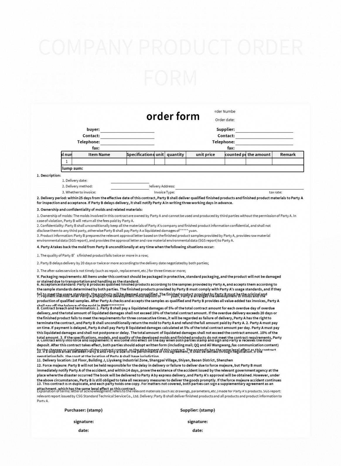 Editable Free Product Order Form Templates For Google Sheets And Microsoft Excel Word Sample