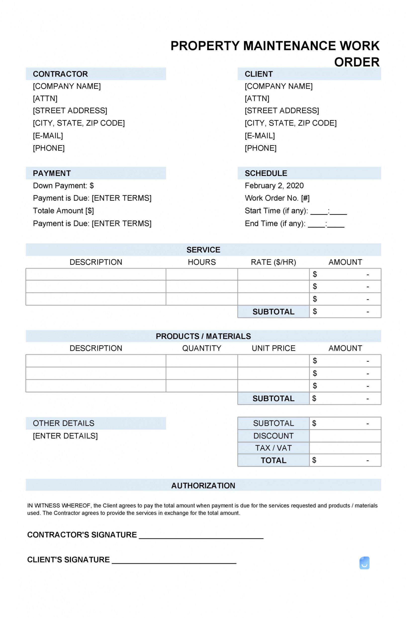 Editable Free Work Order Forms Printable Pdf