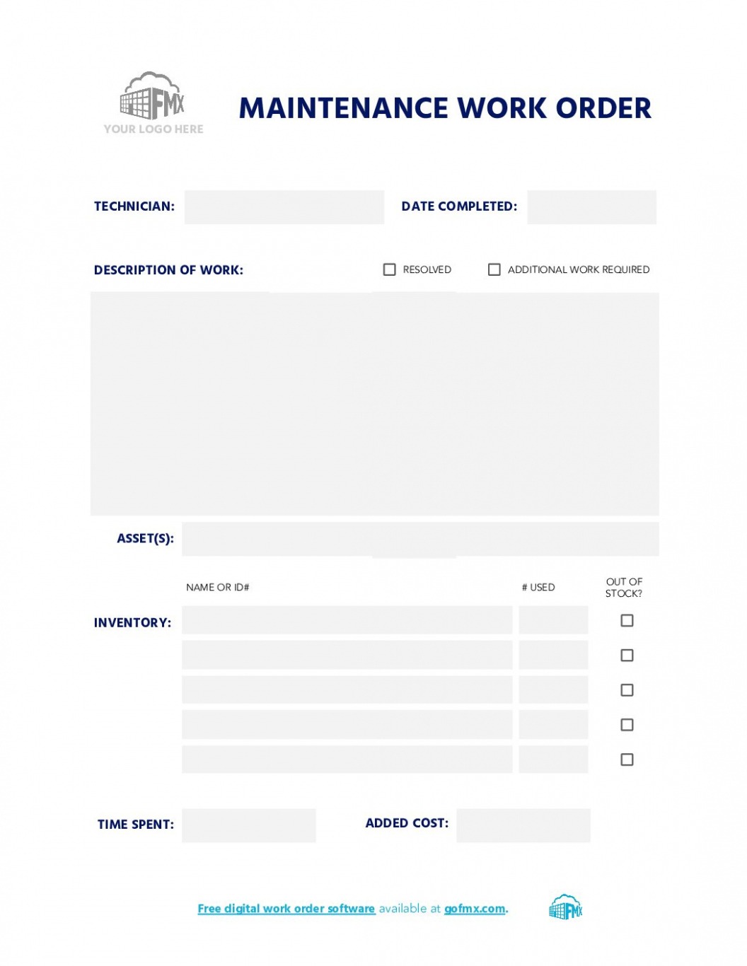 Editable Maintenance Work Order Form Free Printable Template  Fmx Pdf Sample