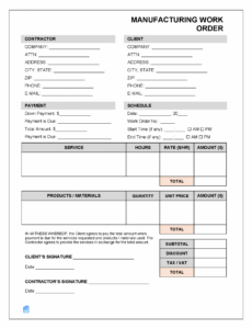 Editable Manufacturing Work Order Template Word Sample