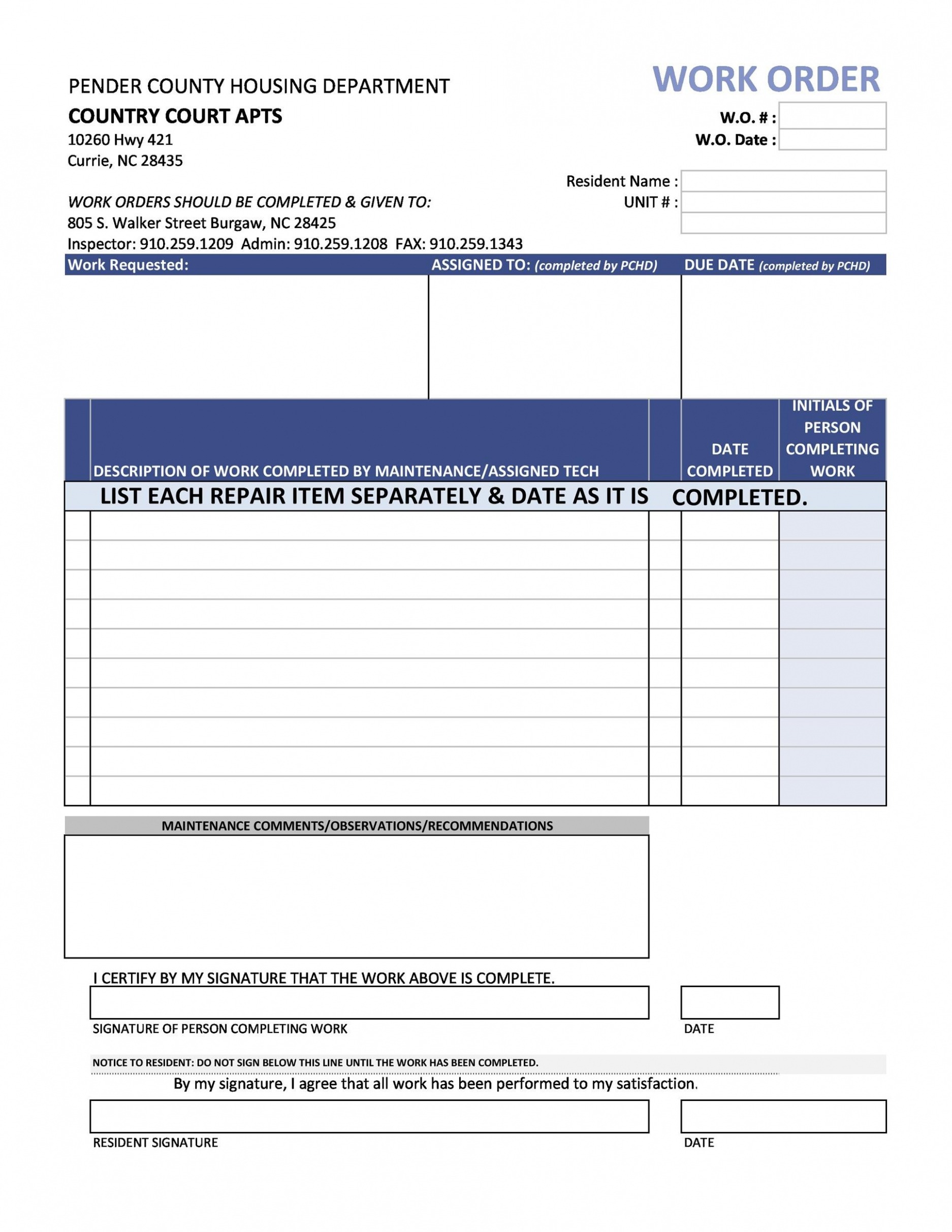 Editable Work Order Form  Gambaran Excel Example