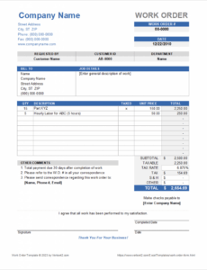 Editable Work Order Form Template For Excel Doc Example