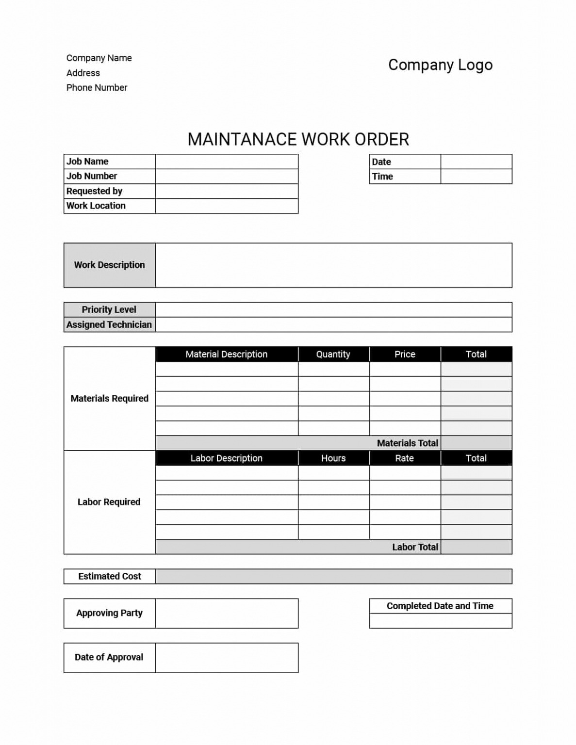 Editable Work Order Templates Download &amp;Amp; Print For Free! Excel Example