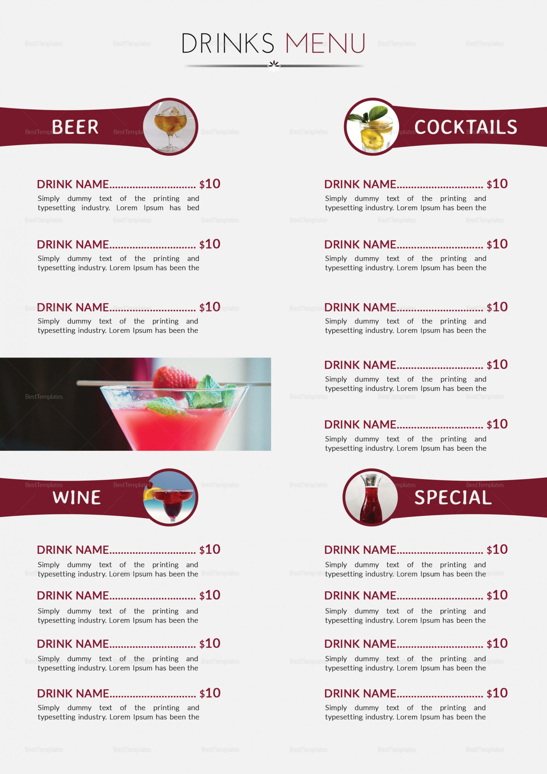 Free  Cocktail Drinks Menu Design Template In Psd Word Publisher Word