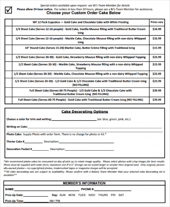 Free Custom 16 Cake Order Form Templates  Sample Templates  Example