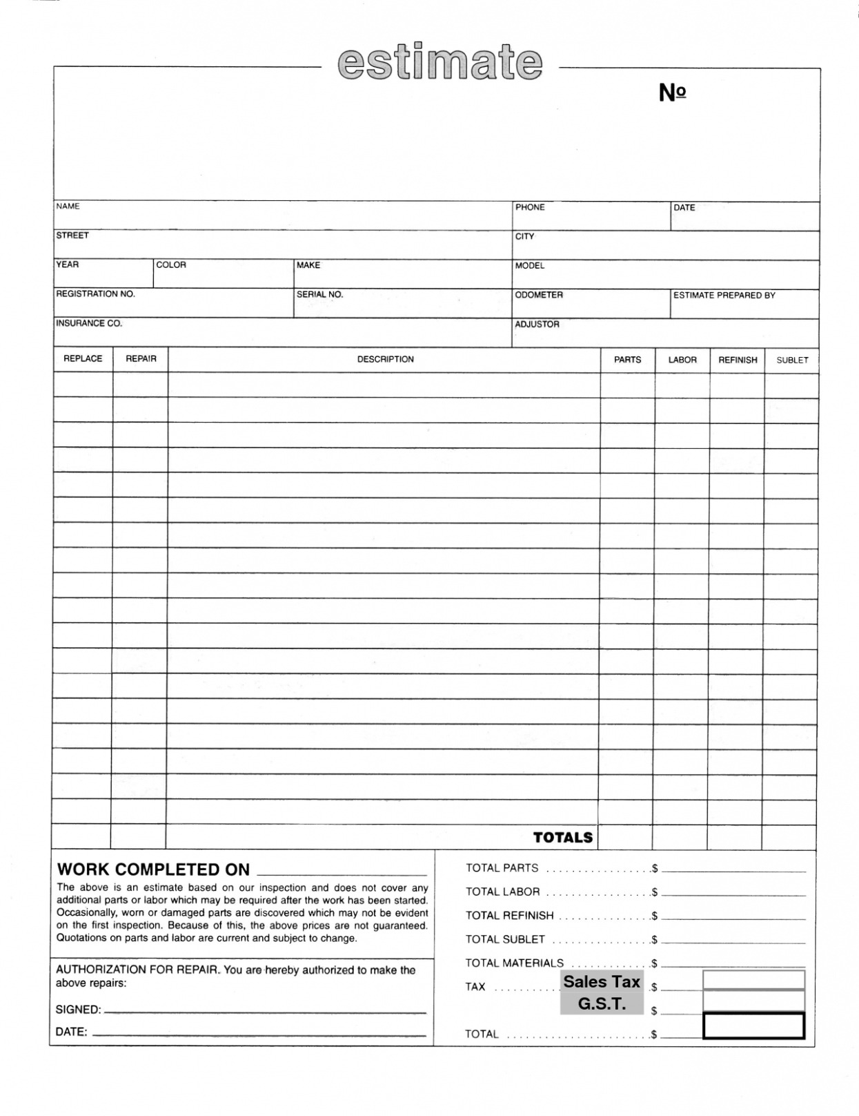 Free Custom Automotive Repair Estimate Template  Charlotte Clergy Coalition Pdf Sample