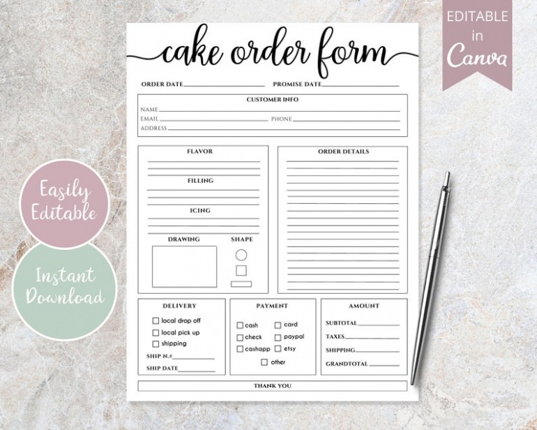 Free Custom Cake Order Form Editable Canva Template Order Forms  Etsy Word