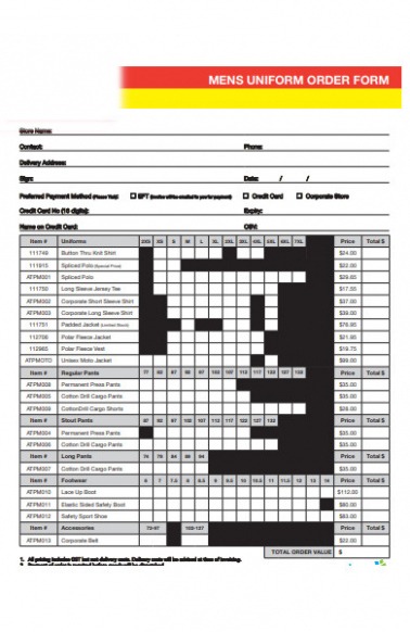 Free Custom Free 22 Uniform Order Forms In Pdf  Ms Word  Xls Pdf Example