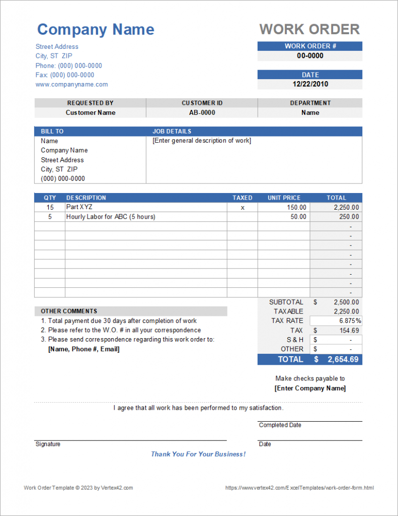 Free Custom Work Order Form Template For Excel Word Example