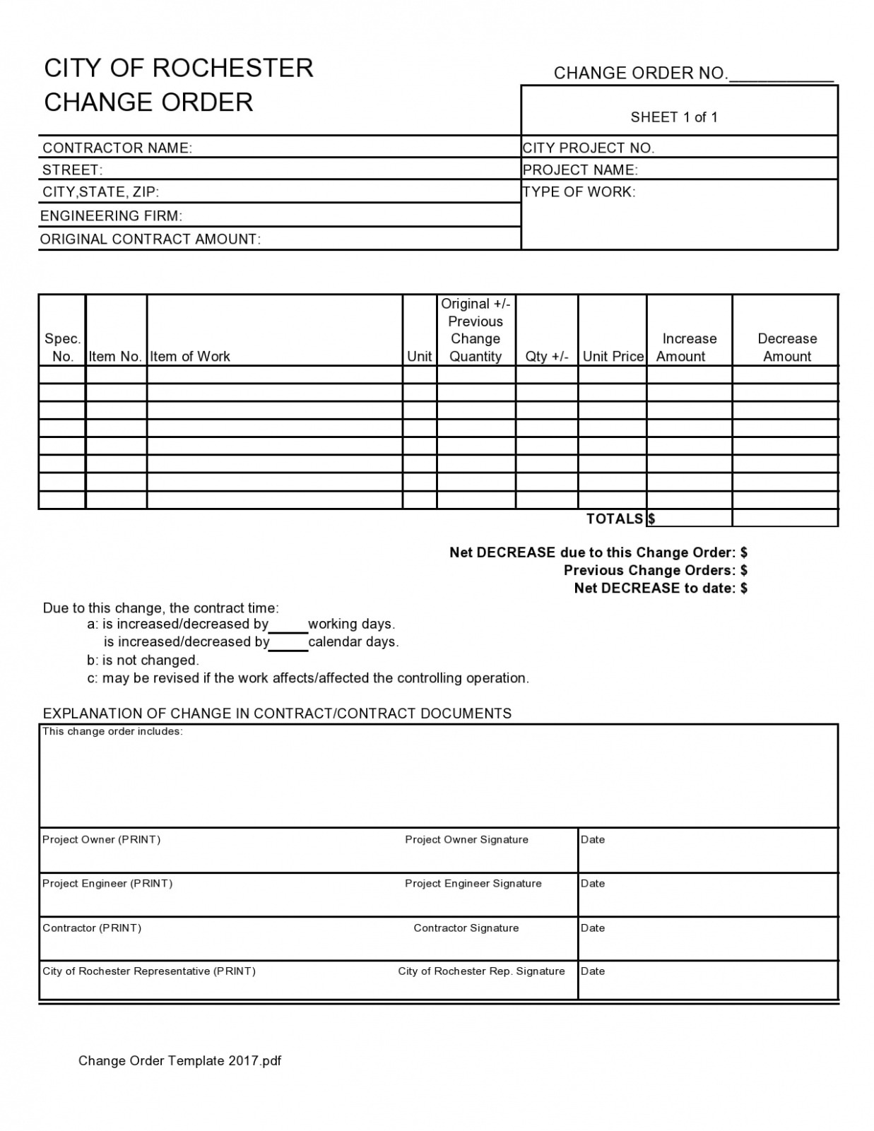 Free  Field Change Order Template Word