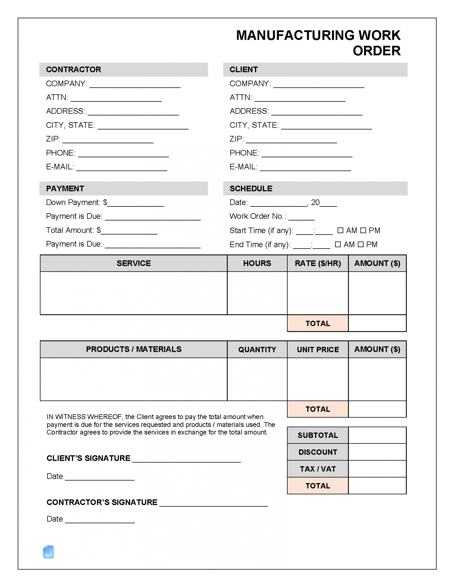 Free  Manufacturing Work Order Template  Invoice Maker Excel