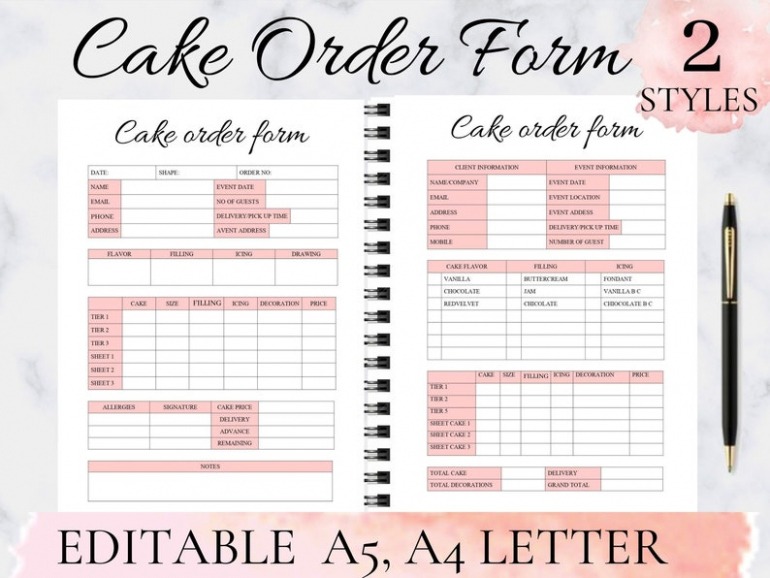 Free Printable Cake Order Form Printable Cake Order Form Bakery Order Form  Etsy Excel Example