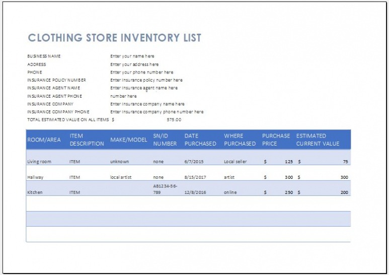 Free Printable Clothing Store Inventory List Template  Word &amp;Amp; Excel Templates Word Example