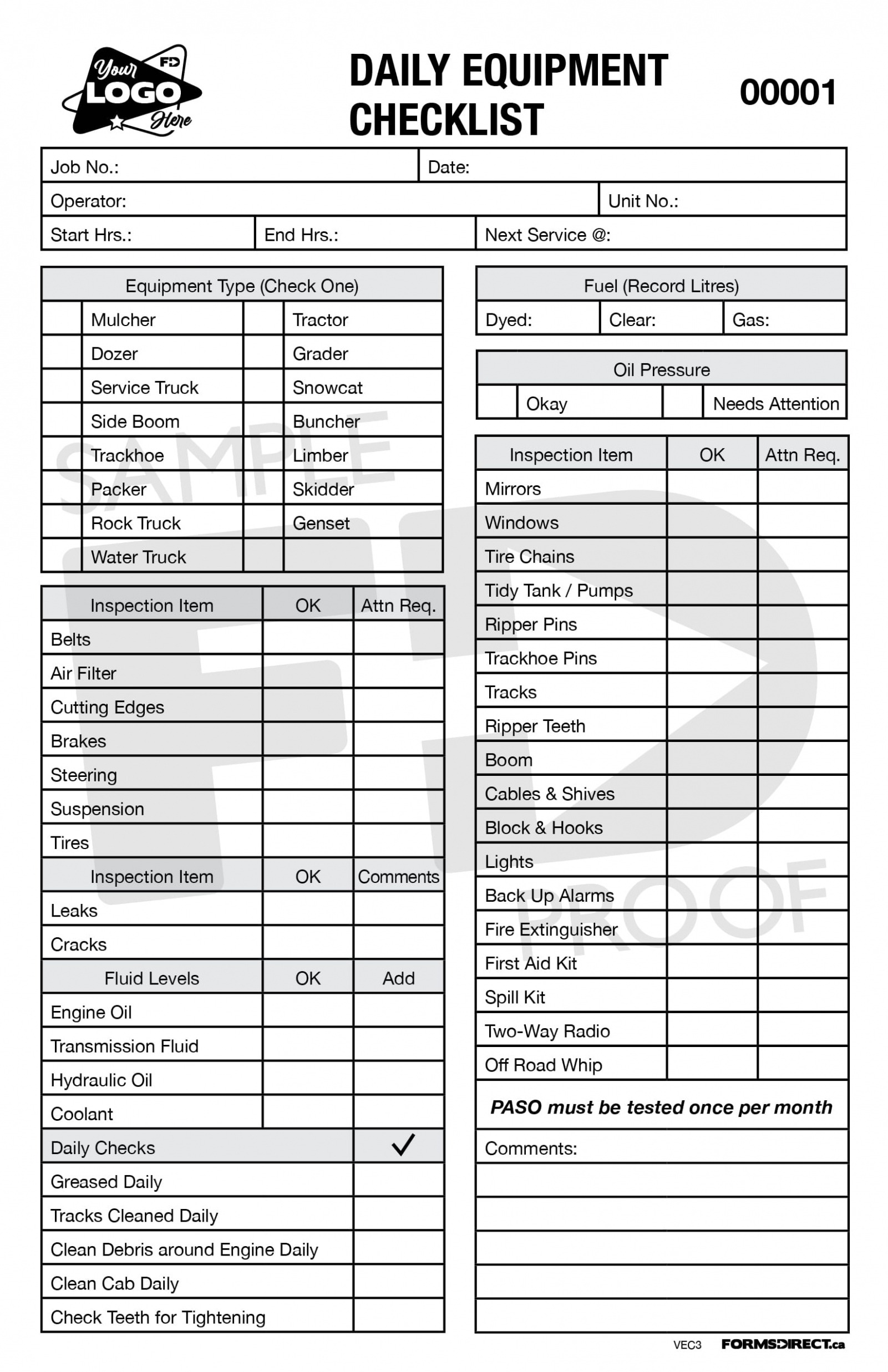 Free Printable Daily Equipment Checklist Template Excel Word