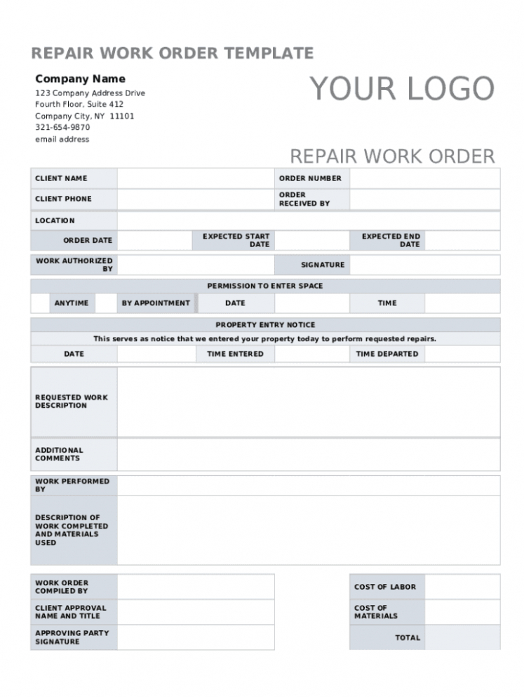 Free Printable Repair Work Order Template Doc Template  Pdffiller Excel