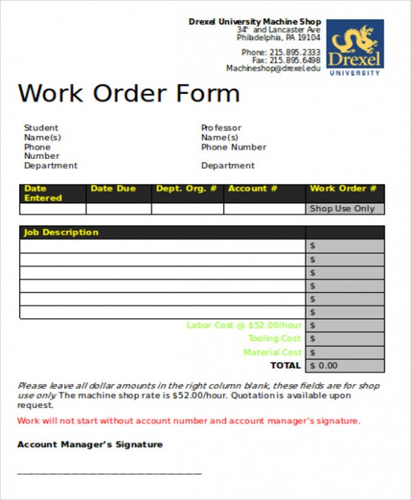 Free  Printable Work Order Sheets Word Sample