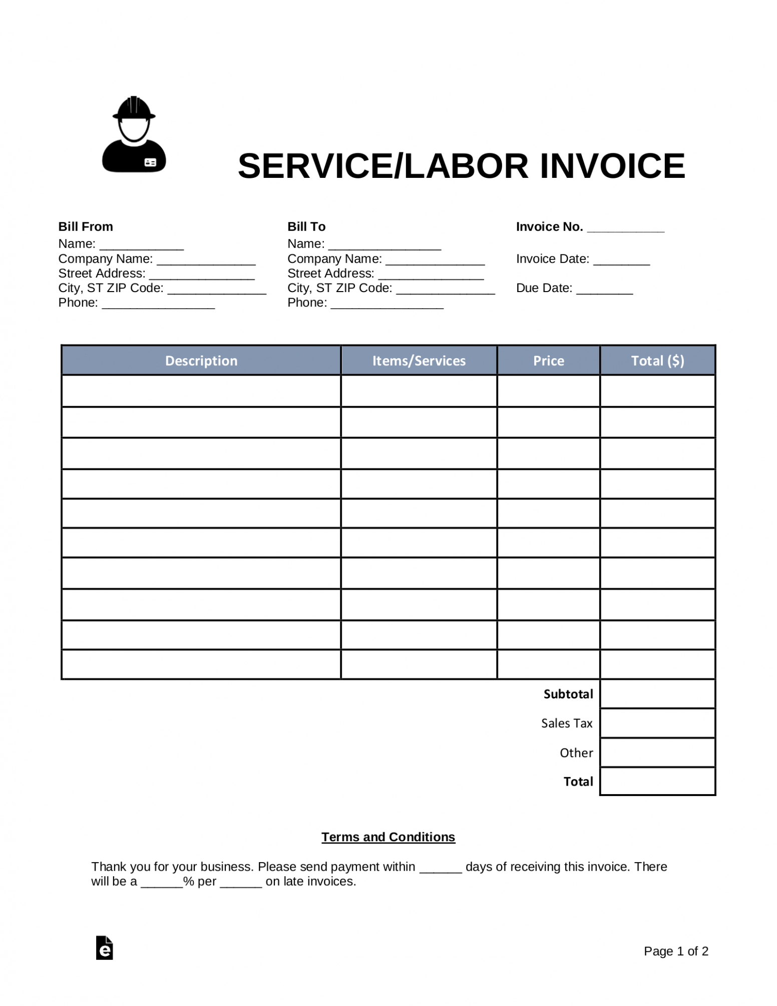 Free Servicelabor Invoice Template  Pdf  Word  Eforms