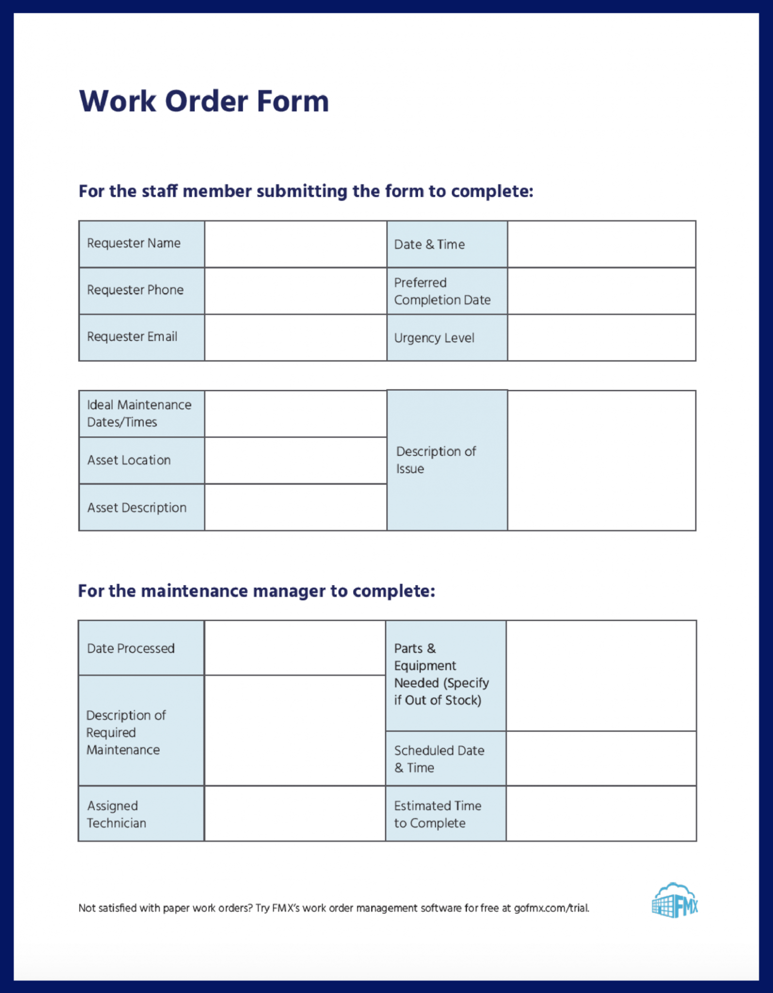 Maintenance Work Order Form Free Downloadable Template  Fmx Pdf Sample