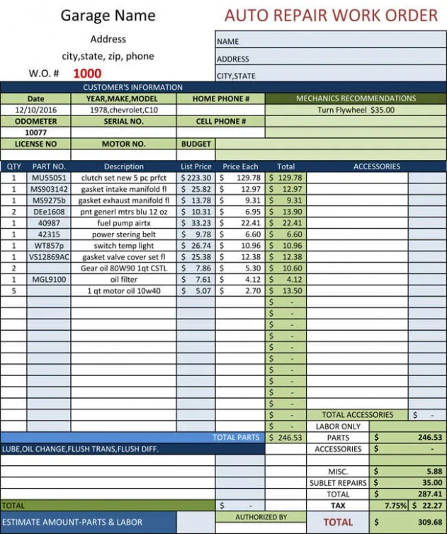 Printable 7 Free Auto Repair Invoice Templates Pdf Example