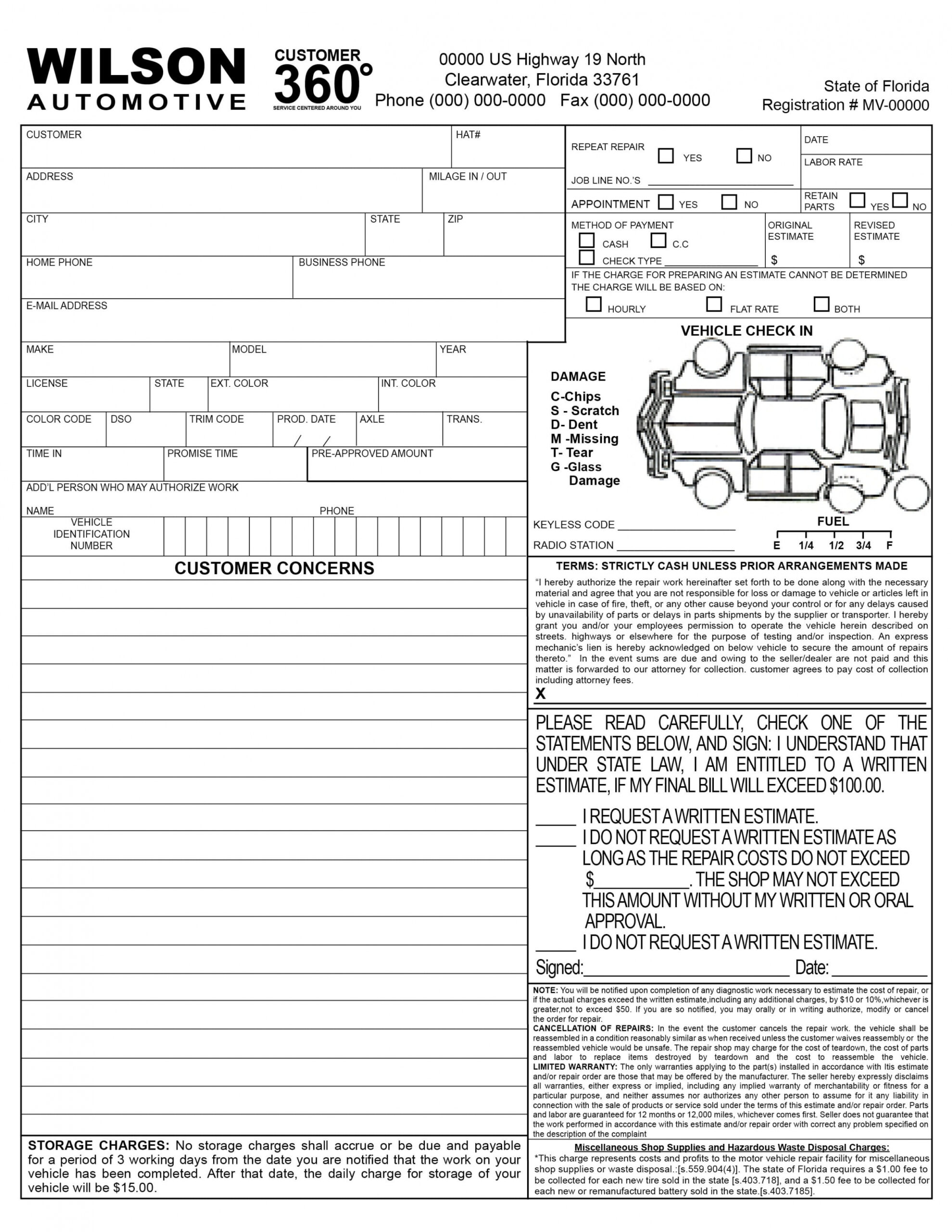 Printable Auto Repair Inspection Form Sample 2  Wilson Printing Usa  Wilson Printing Usa  Example