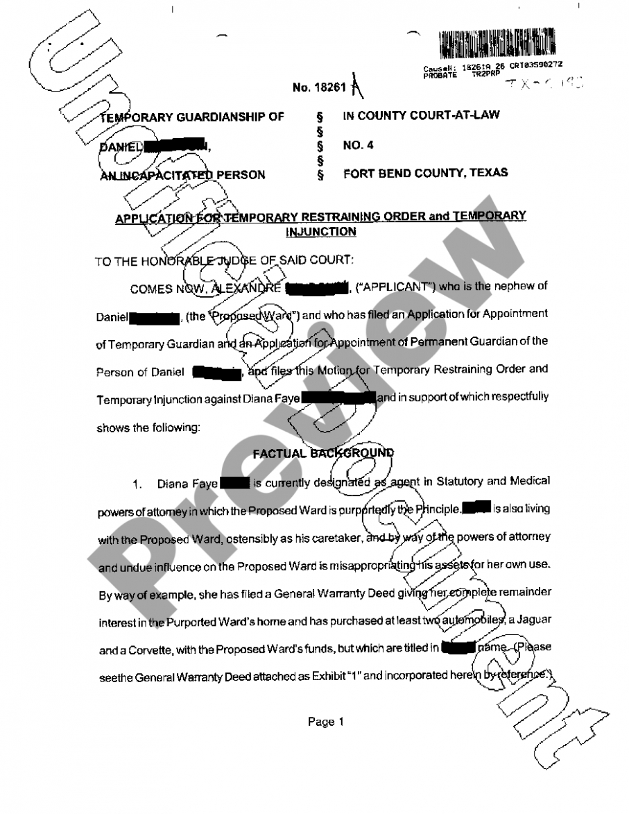 Printable Beaumont Texas Application For Temporary Restraining Order And Pdf Sample