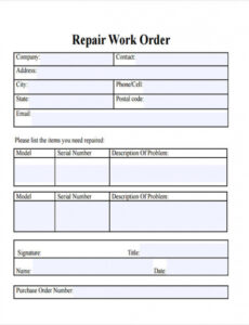 Printable Free Printable Repair Order Template  Printable Free Templates Doc Sample