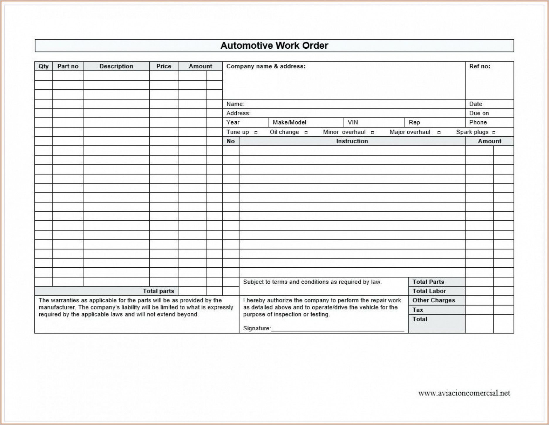 Printable Vehicle Maintenance Work Order Template Templates2  Resume Examples