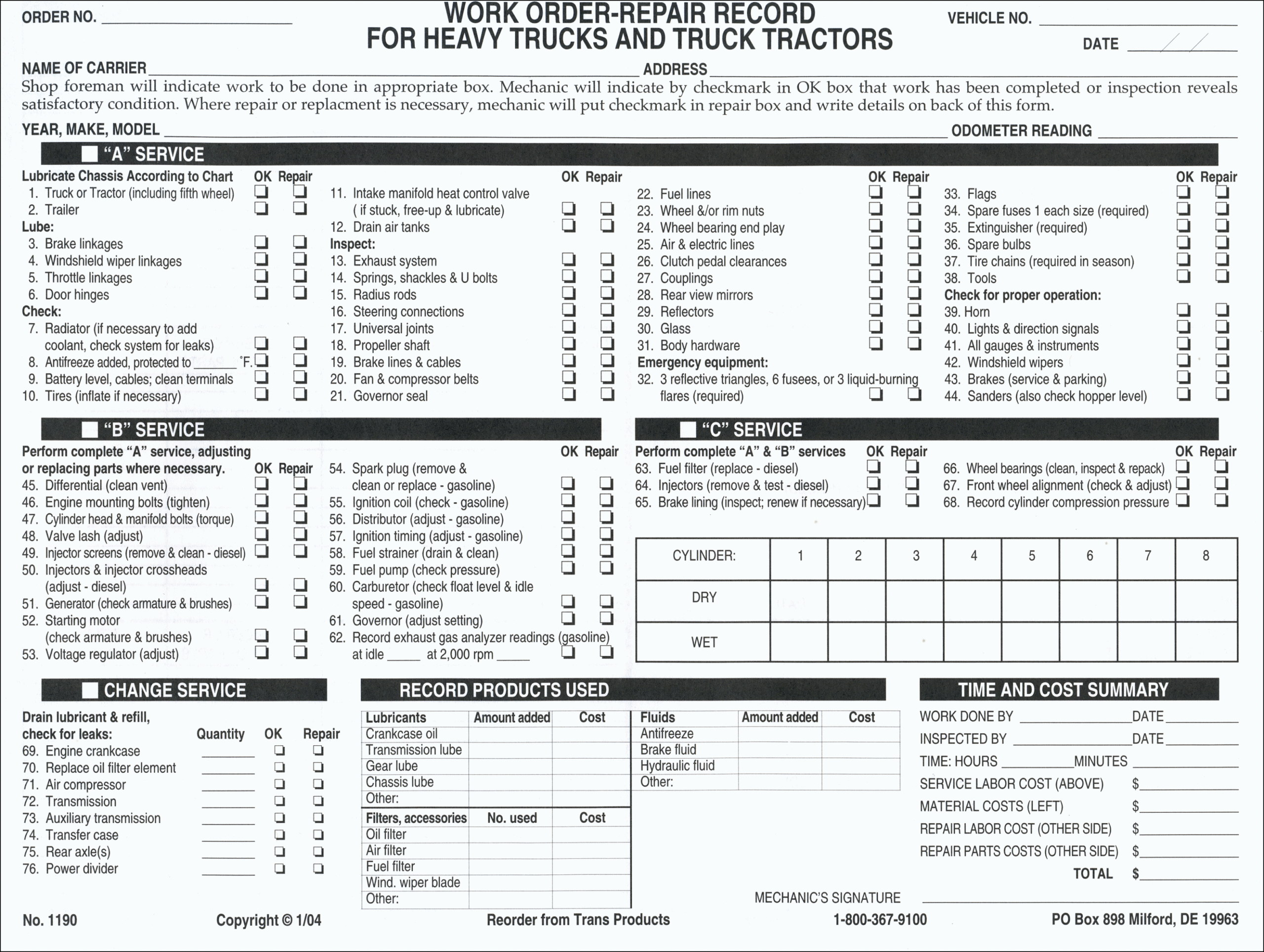 Printable Work Order Repair Record For Truck Or Tractor  No 1190