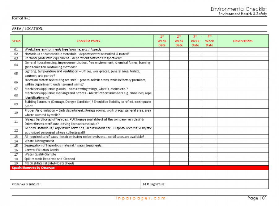custom environmental checklist pdf sample