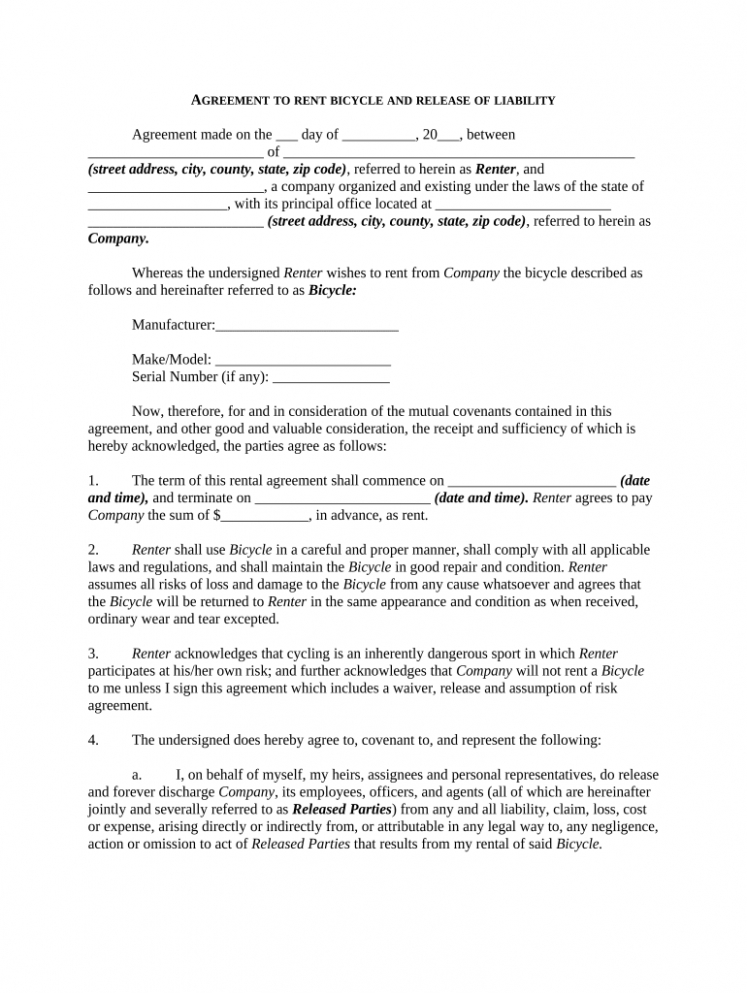 editable bicycle rental agreement doc template  pdffiller doc example