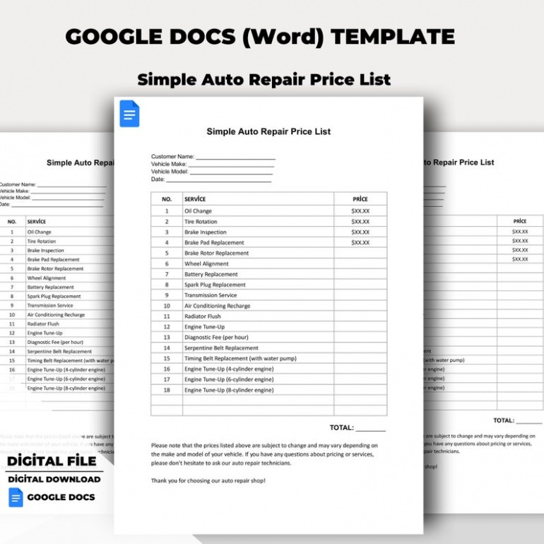 free printable auto repair price list template car repair price list google docs word template auto detailing pdf
