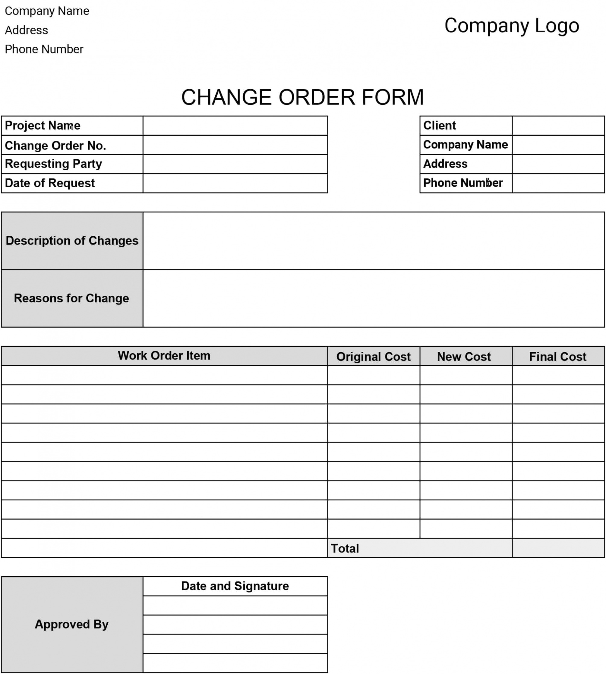 Custom Construction Change Order Form Template