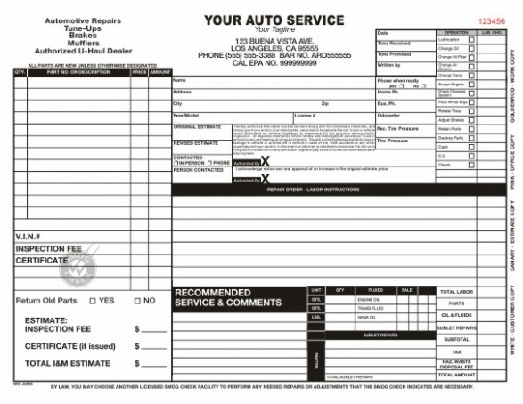 Editable Mechanic Shop Work Order Template  Example