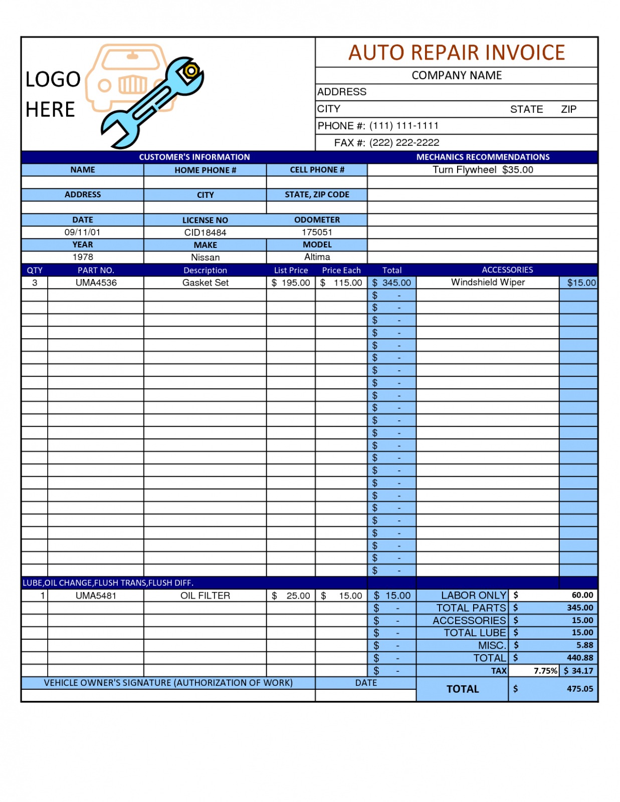 Free  Auto Repair Shop Work Order Template Pdf Sample