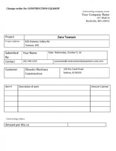 Free Editable Construction Change Order Form Template  Sample