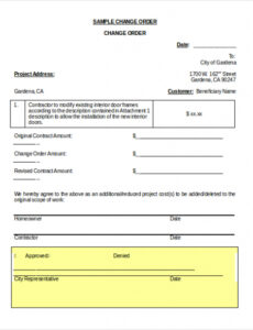 Free Printable Construction Change Order Form Template Excel Example